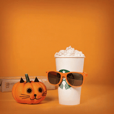 A Starbucks Cup With Sunglasses On And A Pumpkin GIF