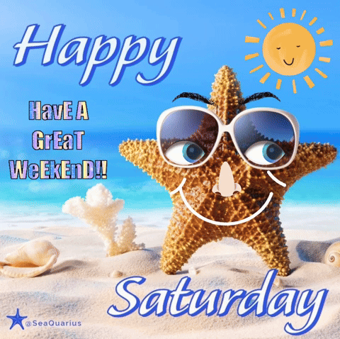 A Starfish Wearing Sunglasses On The Beach With The Words Happy Saturday GIF