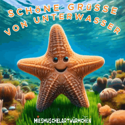 A Starfish With A Smile On Its Face Is Surrounded By Corals And Says Schöne Grusse Von Unterwasser GIF