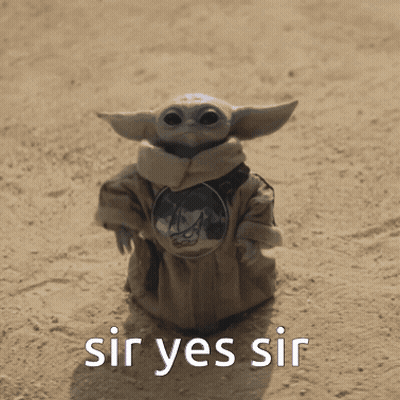 A Statue Of A Baby Yoda With The Words Sir Yes Sir On It GIF