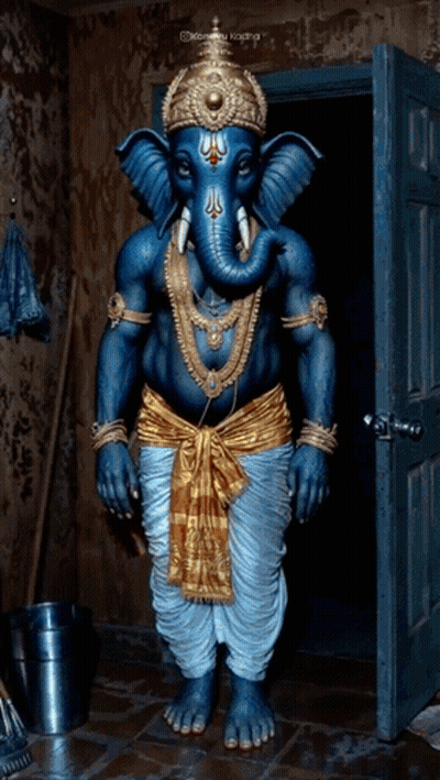 A Statue Of A Blue And Gold Elephant Standing In A Doorway GIF