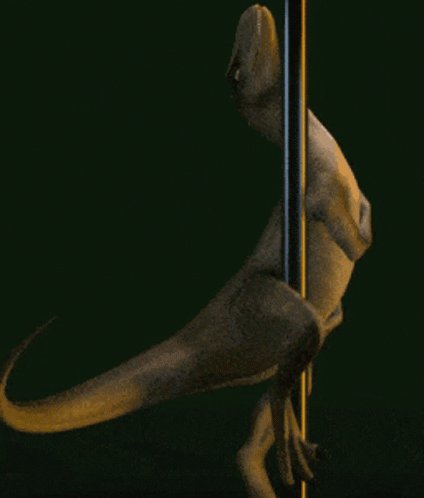 A Statue Of A Dinosaur Standing On A Pole Against A Green Background GIF