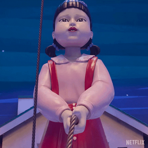 A Statue Of A Girl Holding A Rope With A Netflix Logo In The Corner GIF