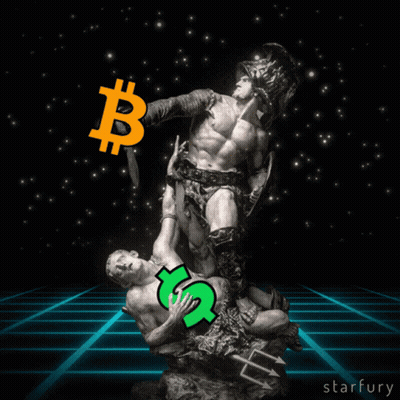 A Statue Of A Gladiator Is Holding A Dollar Sign And A Bitcoin Sign GIF