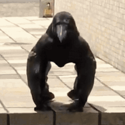 A Statue Of A Gorilla Is Sitting On A Sidewalk . GIF