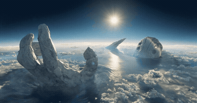 A Statue Of A Hand Reaching Into The Sky GIF