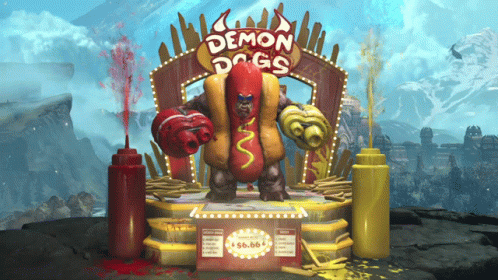 A Statue Of A Hot Dog Standing In Front Of A Sign That Says " Demon Dogs " GIF
