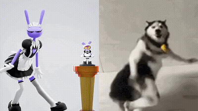 A Statue Of A Husky Standing Next To A Maid Figurine GIF