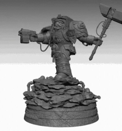 A Statue Of A Man Holding A Hammer And A Gun Is On A Rocky Base GIF