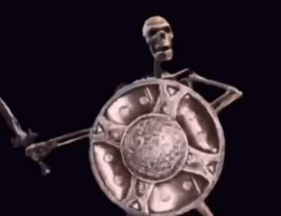 A Statue Of A Man Holding A Shield With A Black Background . GIF