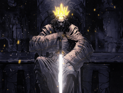 A Statue Of A Man Holding A Sword And A Crown On His Head GIF