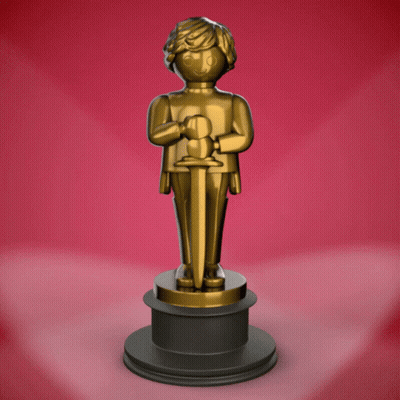 A Statue Of A Man Holding A Sword With The Word Playmobil Written On It GIF