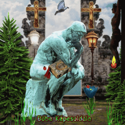 A Statue Of A Man Kneeling Down Holding A Book And The Words Boba Kepesoldala Below It GIF