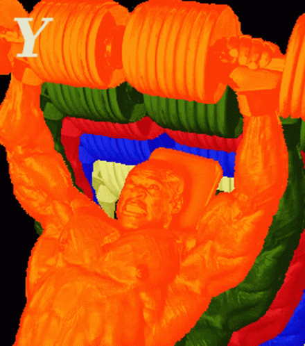A Statue Of A Man Lifting A Dumbbell With The Letter Y In The Background GIF