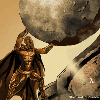 A Statue Of A Man Lifting A Large Rock With The Website Stoicismonsol.com Written Below It GIF