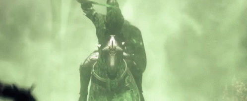 A Statue Of A Man Riding A Horse In A Green Foggy Area . GIF