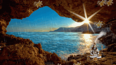 A Statue Of A Man Sitting In A Cave Overlooking The Ocean GIF