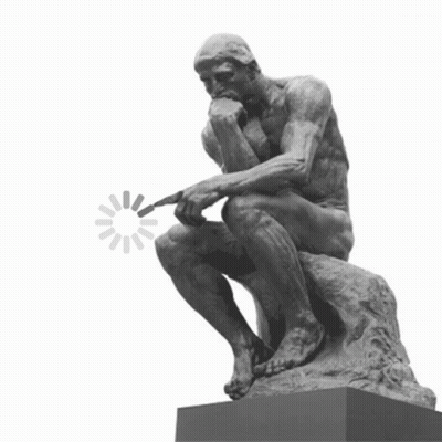 A Statue Of A Man Sitting On A Rock Pointing At A Loading Circle GIF