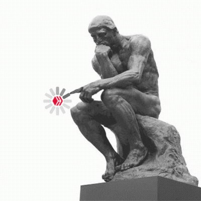 A Statue Of A Man Sitting On A Rock With A Red Arrow Pointing At Him GIF