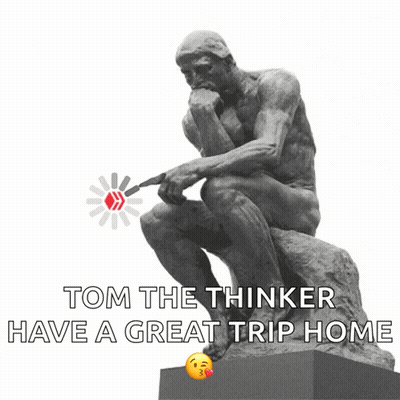 A Statue Of A Man Sitting On A Rock With The Words Tom The Thinker Have A Great Trip Home Below It GIF