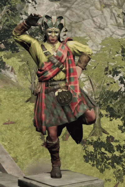 A Statue Of A Man Wearing A Kilt And A Jester Mask GIF