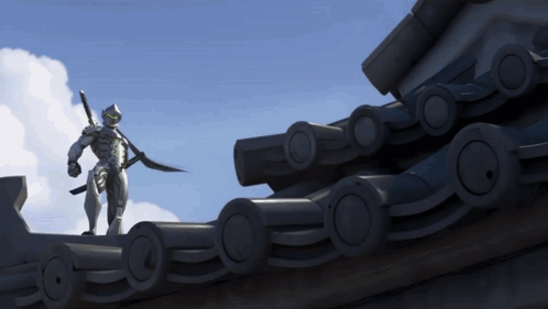 A Statue Of A Man With A Sword Standing On Top Of A Roof GIF