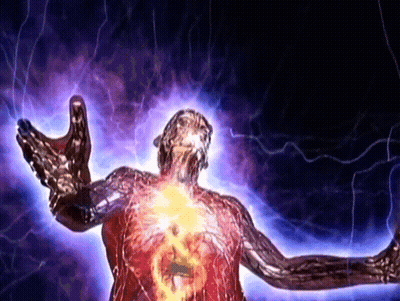 A Statue Of A Man With His Arms Outstretched And A Lightning Bolt Behind Him GIF