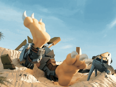 A Statue Of A Monster Laying In The Sand GIF