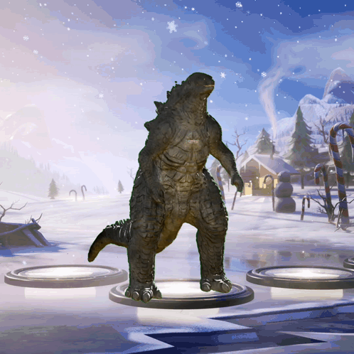A Statue Of A Monster Standing In A Snowy Field GIF