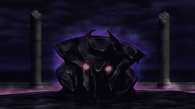 A Statue Of A Monster With Red Eyes Is Surrounded By Columns GIF