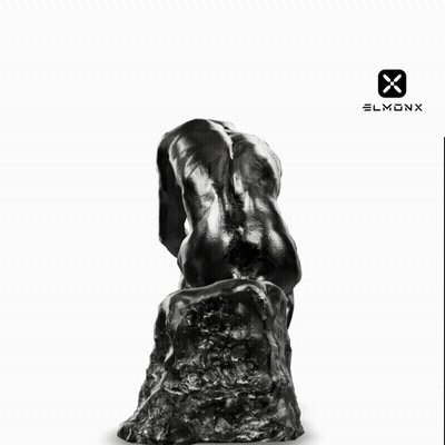 A Statue Of A Naked Man Sitting On A Rock With Three Question Marks Above Him GIF