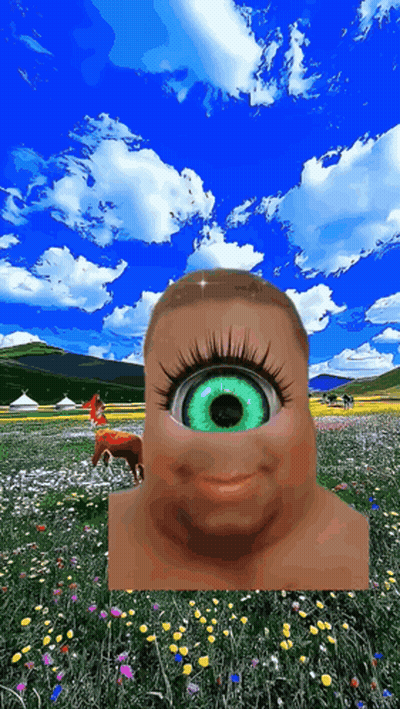 A Statue Of A Person With A Green Eye In A Field GIF
