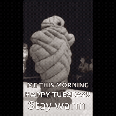 A Statue Of A Person Wrapped In A Blanket With The Words `` Me This Morning Happy Tuesday ! Stay Warm '' GIF