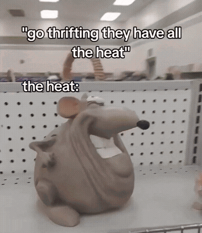 A Statue Of A Rat That Says " Go Thrifting They Have All The Heat " On It GIF