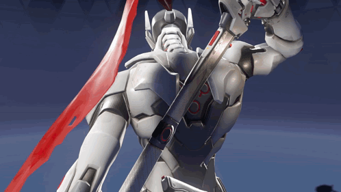 A Statue Of A Robot With A Sword And A Red Tail GIF