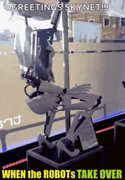 A Statue Of A Robot With Greetings Skynet Written On It GIF