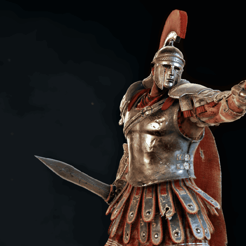 A Statue Of A Roman Soldier Is Holding A Sword And Shield GIF