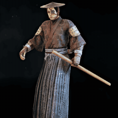 A Statue Of A Samurai With A Sword And A Hat GIF