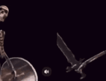 A Statue Of A Skeleton Holding A Shield With A Black Background GIF