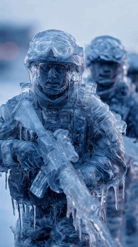 A Statue Of A Soldier Covered In Ice Is Holding A Gun GIF