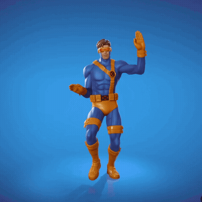 A Statue Of A Superhero With His Arms In The Air On A Blue Background GIF