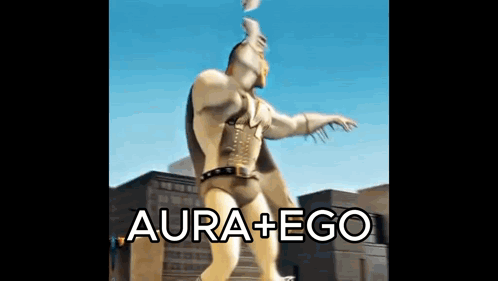 A Statue Of A Superhero With The Words Aura + Ego Written On It GIF