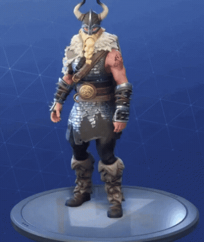 A Statue Of A Viking With Horns And A Beard Is Standing On A Platform . GIF