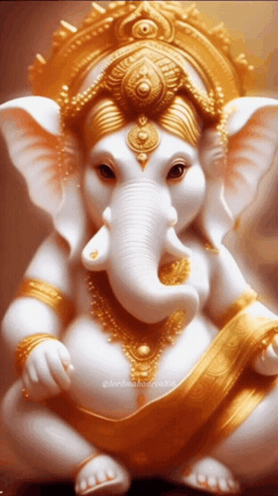 A Statue Of A White And Gold Elephant With A Gold Crown On Its Head GIF