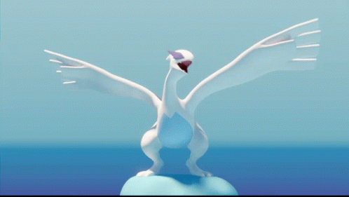 A Statue Of A White Bird With Purple Wings Is Standing On A Blue Surface GIF