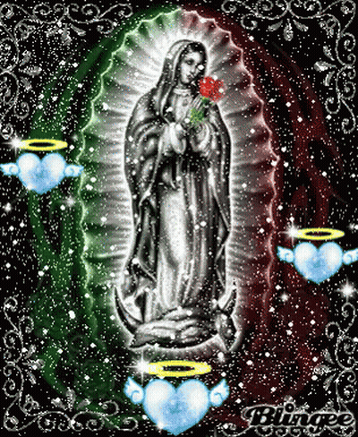 A Statue Of A Woman Holding A Rose With Hearts And Angels Around Her GIF