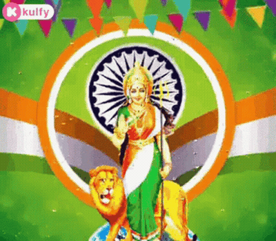A Statue Of A Woman Sitting On Top Of A Lion With A Flag In The Background . GIF
