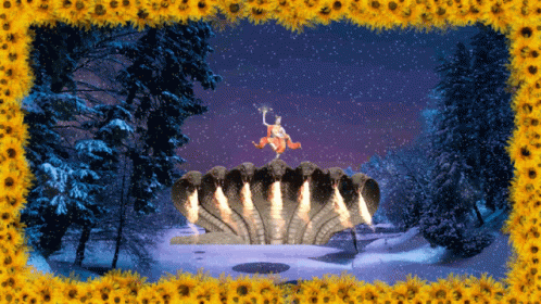 A Statue Of A Woman Standing On Top Of A Snake Surrounded By Snow And Sunflowers GIF