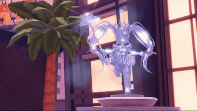A Statue Of A Woman With A Crown On Her Head Is In Front Of A Palm Tree GIF