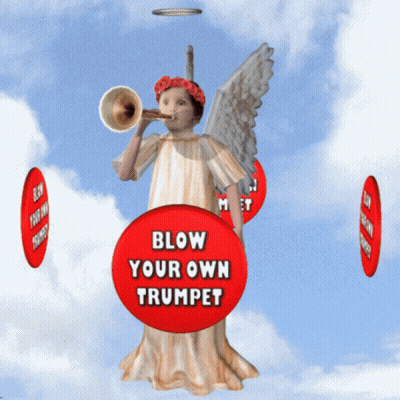 A Statue Of An Angel Blowing A Trumpet With A Red Sign That Says Blow Your Own Trumpet GIF